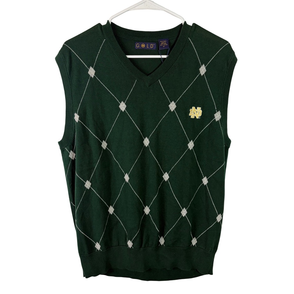 Notre Dame Fighting Irish Argyle Sweater Vest Green V-Neck Cotton Mens M NWT